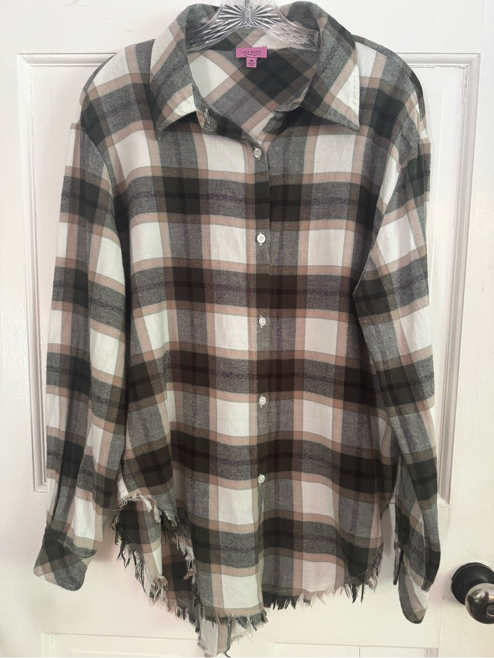 Francesca's MIAMI Grunge Oversized Raw Hem Button-Down Shirt Cream, Green,Size M